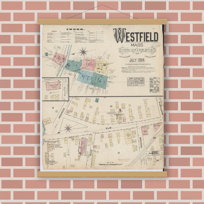 Old map wall art mockup — magnetic wood frame on brick wall — Sanborn Fire Insurance Map from Westfield, Hampden County, Massachusetts (1884) - Complete Map Set