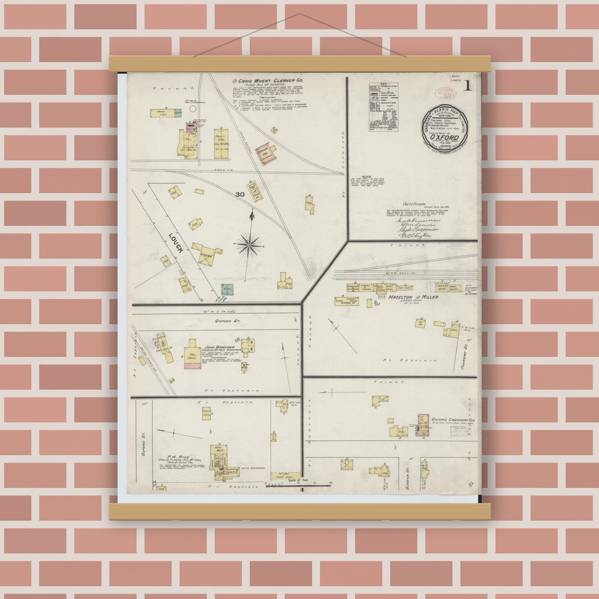 Old map wall art mockup — magnetic wood frame on brick wall — Sanborn Fire Insurance Map from Oxford, Oakland County, Michigan (1890), Sheet #0001