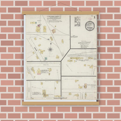 Old map wall art mockup — magnetic wood frame on brick wall — Sanborn Fire Insurance Map from Oxford, Oakland County, Michigan (1890), Sheet #0001