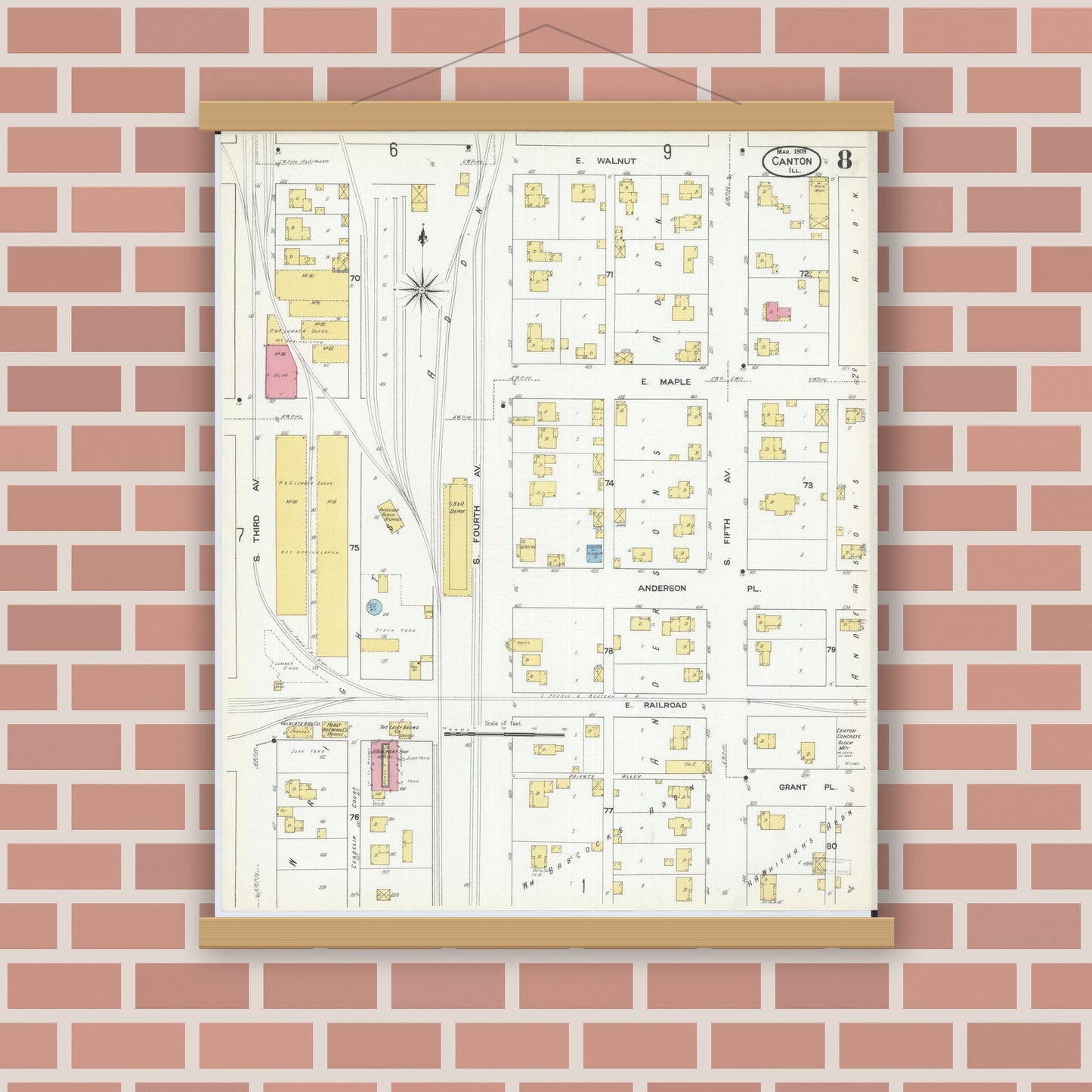 Old map wall art mockup — magnetic wood frame on brick wall — Sanborn Fire Insurance Map from Canton, Fulton County, Illinois (1909), Sheet #0008