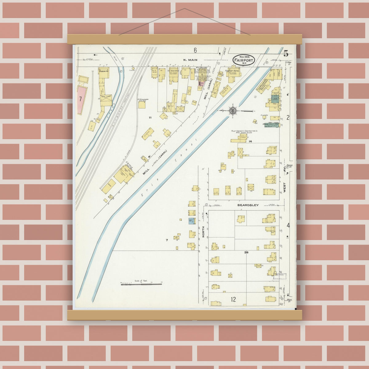 Old map wall art mockup — magnetic wood frame on brick wall — Sanborn Fire Insurance Map from Fairport, Monroe County, New York (1909), Sheet #0005
