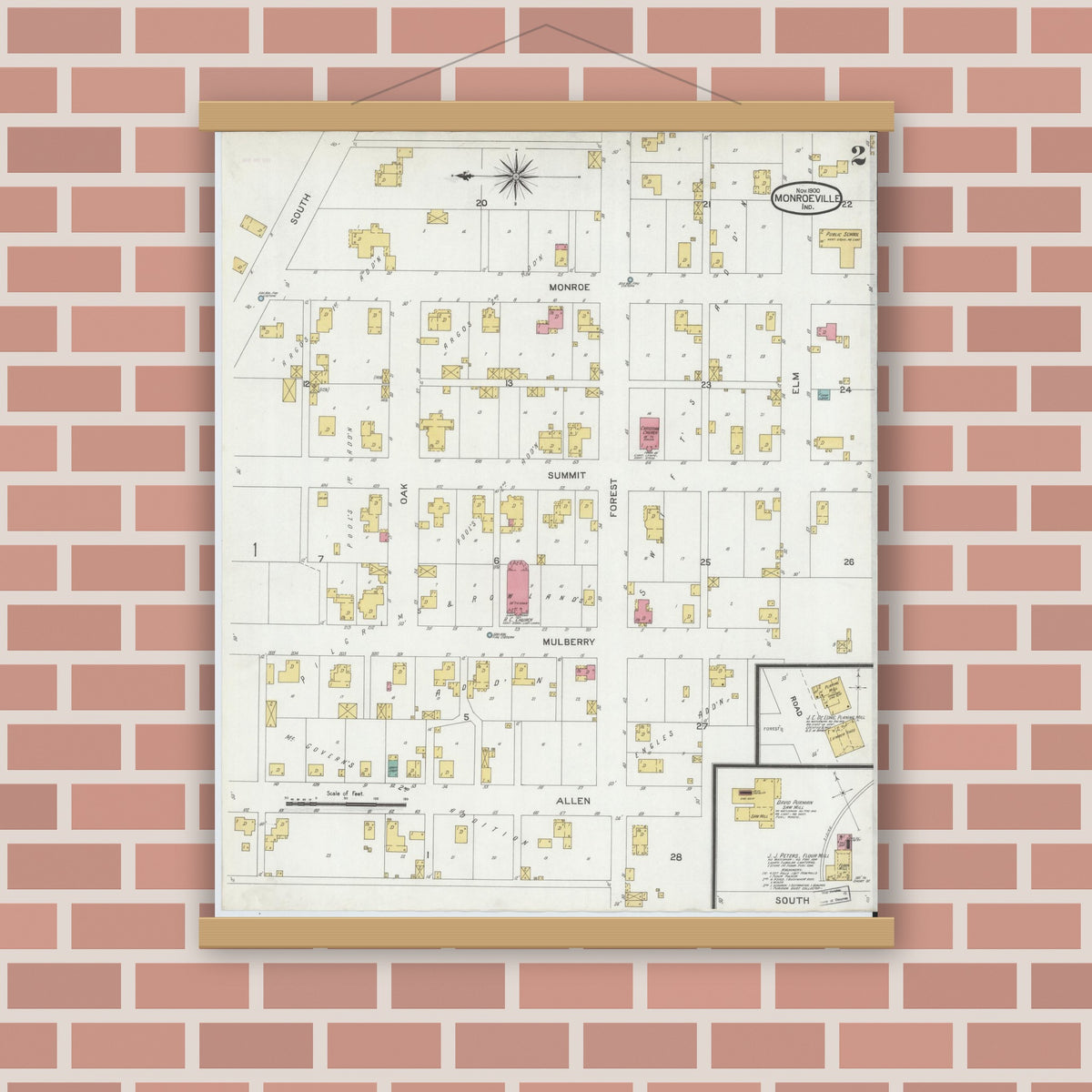 Old map wall art mockup — magnetic wood frame on brick wall — Sanborn Fire Insurance Map from Monroeville, Allen County, Indiana (1900), Sheet #0002
