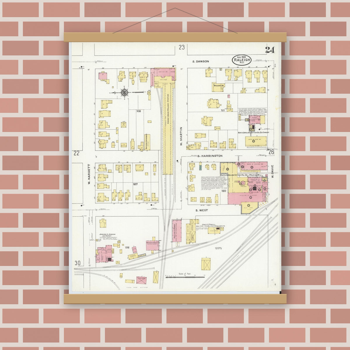 Old map wall art mockup — magnetic wood frame on brick wall — Sanborn Fire Insurance Map from Raleigh, Wake County, North Carolina (1909), Sheet #0024