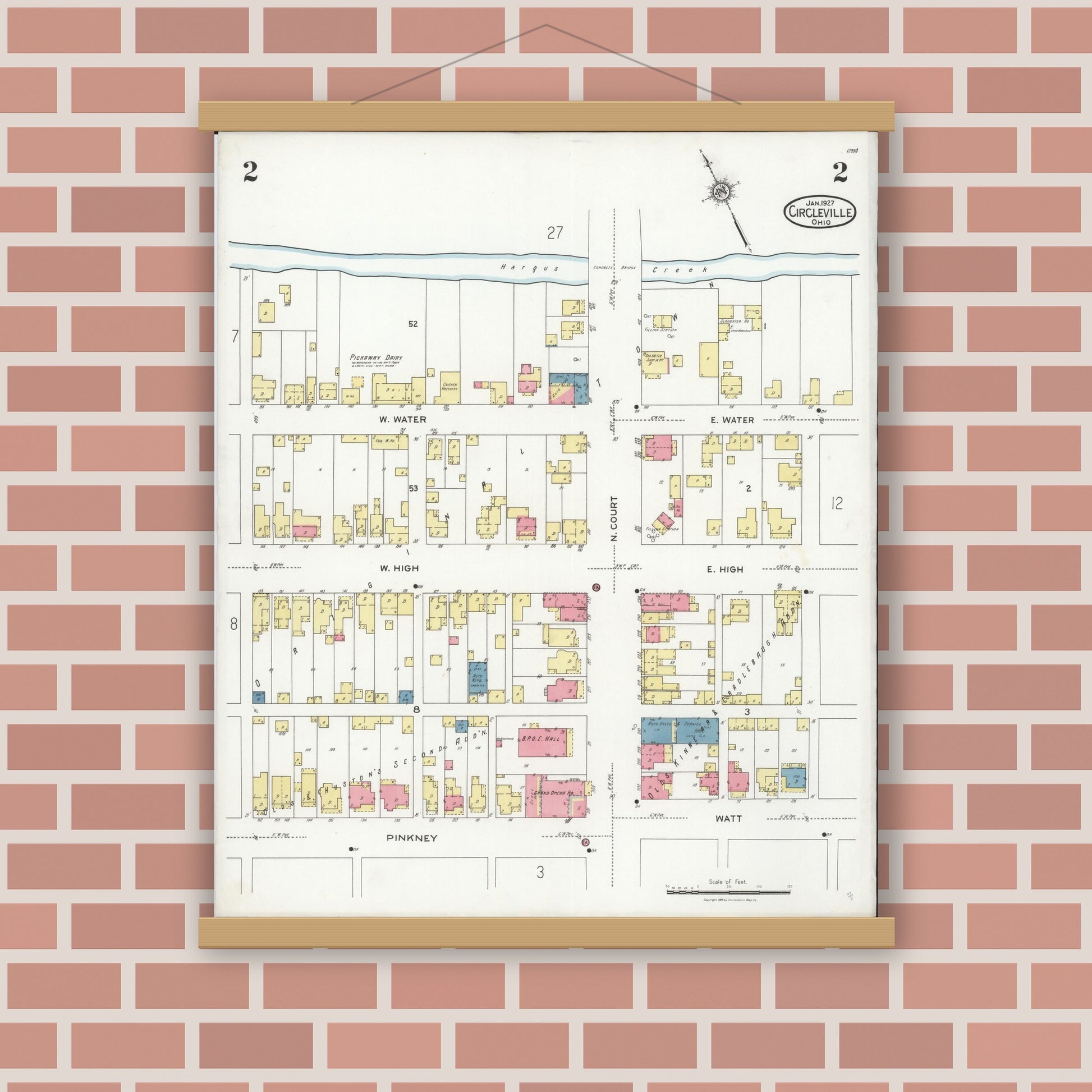 Old map wall art mockup — magnetic wood frame on brick wall — Sanborn Fire Insurance Map from Circleville, Pickaway County, Ohio (1927), Sheet #0002