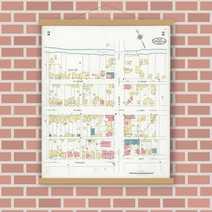 Old map wall art mockup — magnetic wood frame on brick wall — Sanborn Fire Insurance Map from Circleville, Pickaway County, Ohio (1927), Sheet #0002