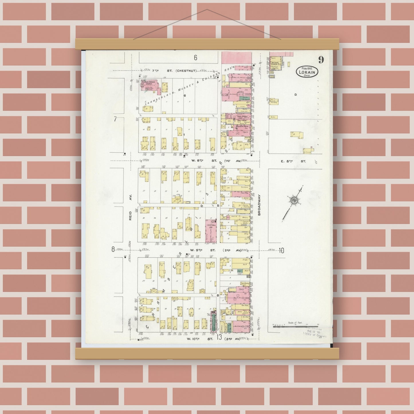 Old map wall art mockup — magnetic wood frame on brick wall — Sanborn Fire Insurance Map from Lorain, Lorain County, Ohio (1910), Sheet #0009