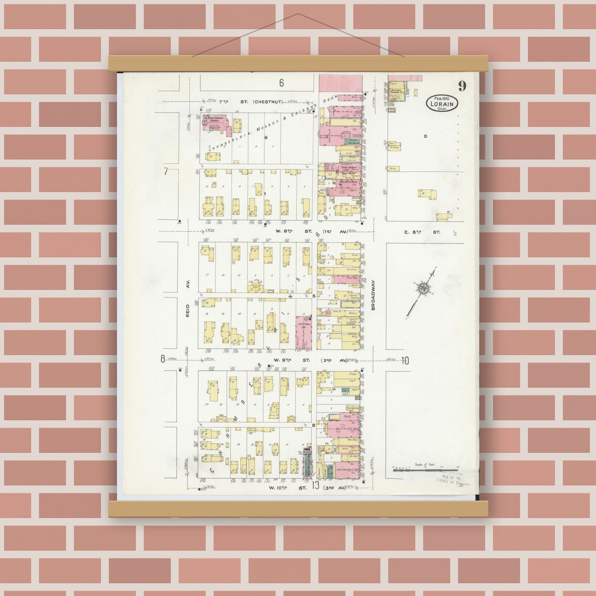 Old map wall art mockup — magnetic wood frame on brick wall — Sanborn Fire Insurance Map from Lorain, Lorain County, Ohio (1910), Sheet #0009