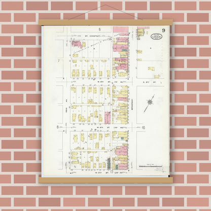 Old map wall art mockup — magnetic wood frame on brick wall — Sanborn Fire Insurance Map from Lorain, Lorain County, Ohio (1910), Sheet #0009