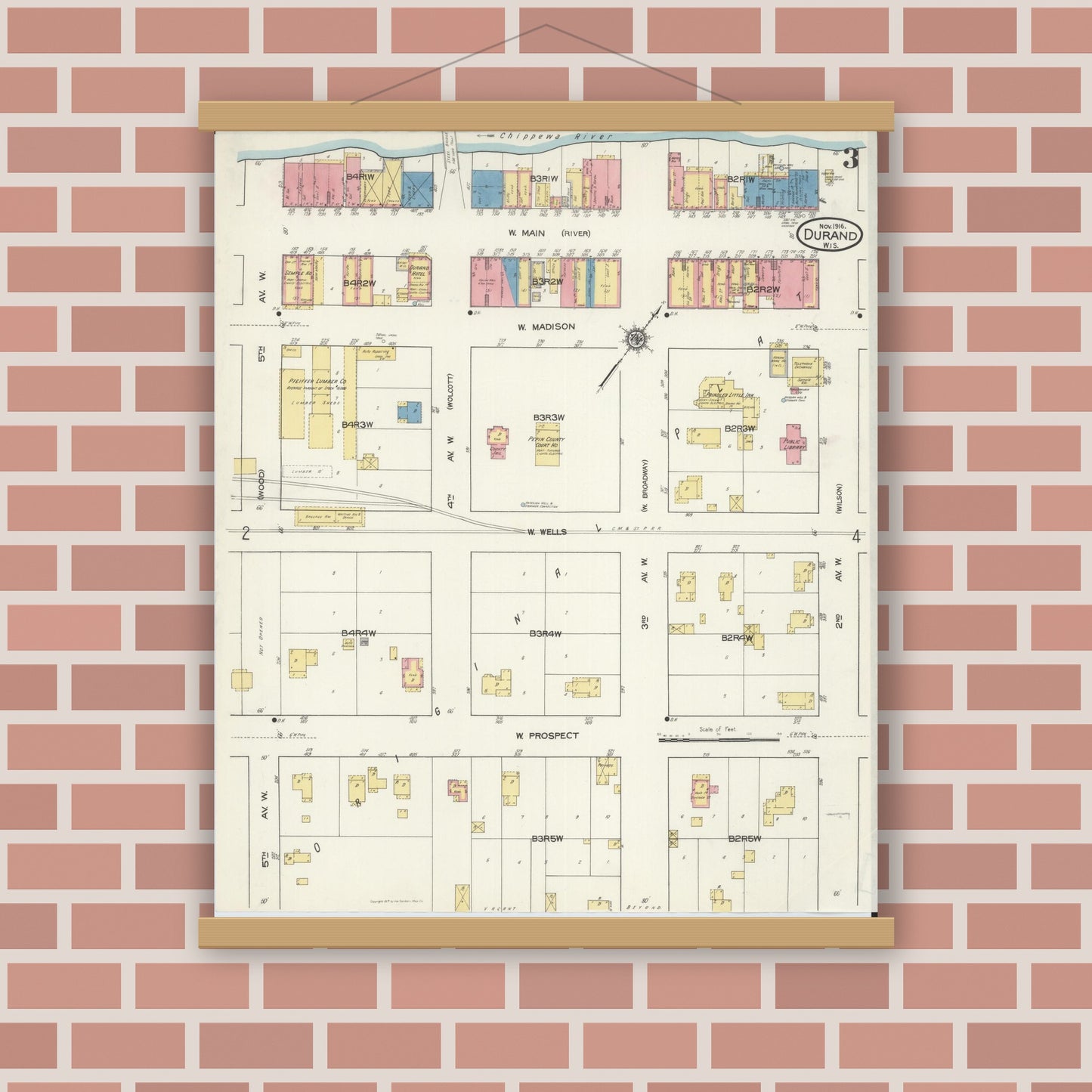 Old map wall art mockup — magnetic wood frame on brick wall — Sanborn Fire Insurance Map from Durand, Pepin County, Wisconsin (1916), Sheet #0003