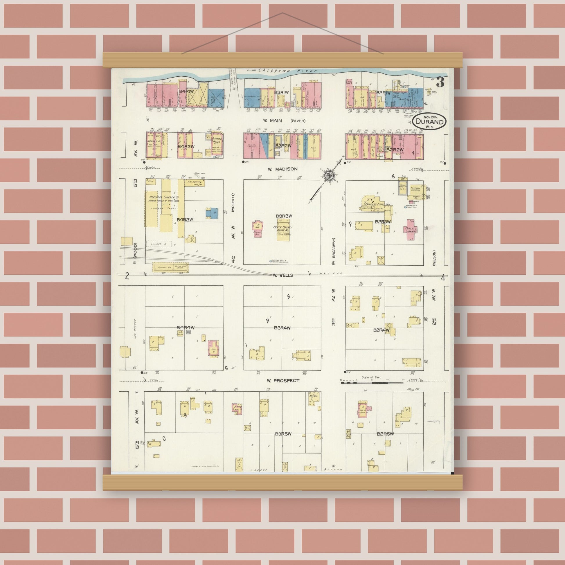 Old map wall art mockup — magnetic wood frame on brick wall — Sanborn Fire Insurance Map from Durand, Pepin County, Wisconsin (1916), Sheet #0003