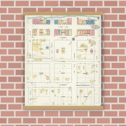 Old map wall art mockup — magnetic wood frame on brick wall — Sanborn Fire Insurance Map from Durand, Pepin County, Wisconsin (1916), Sheet #0003