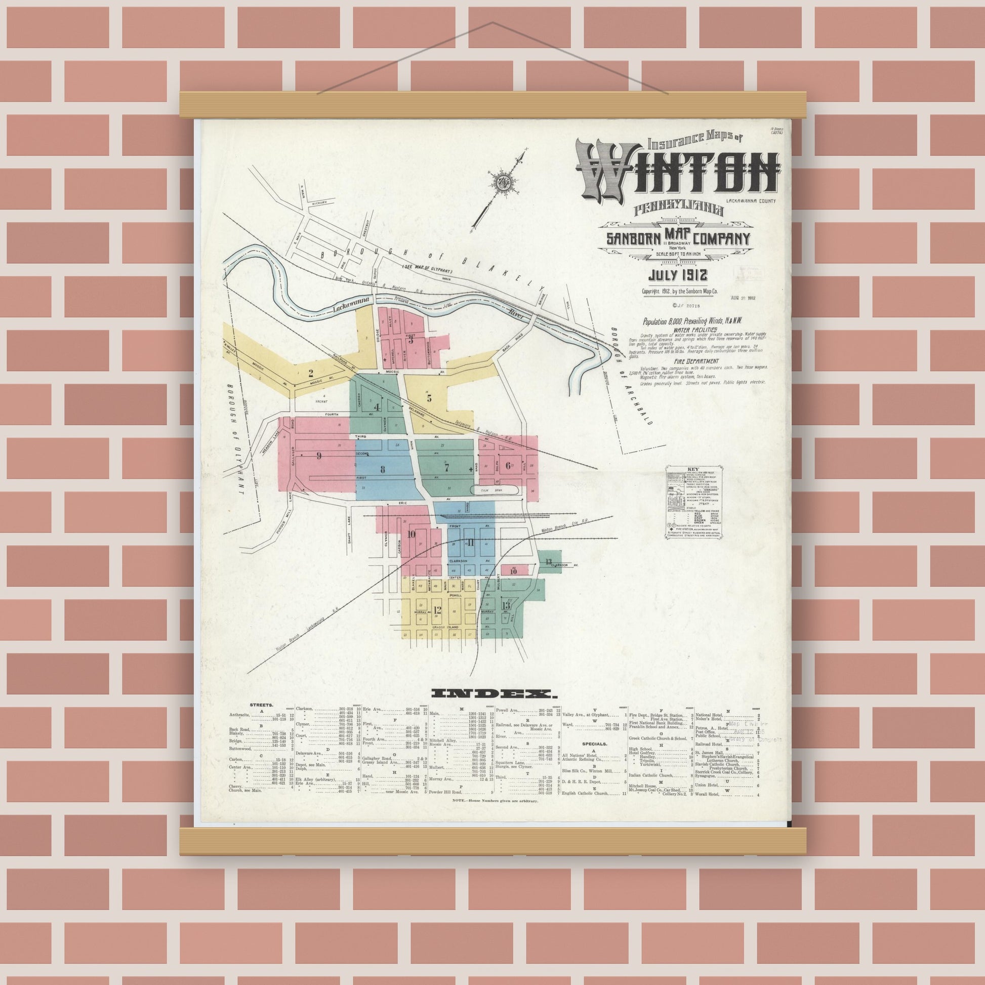 Old map wall art mockup — magnetic wood frame on brick wall — Sanborn Fire Insurance Map from Winton, Lackawanna County, Pennsylvania (1912) - Complete Map Set