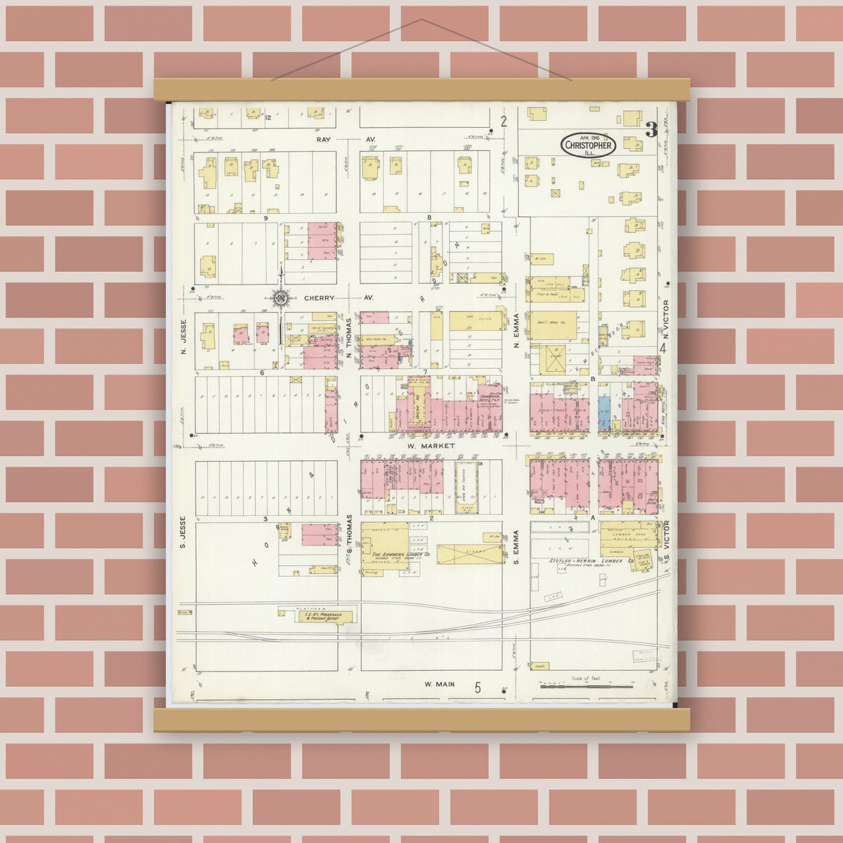 Old map wall art mockup — magnetic wood frame on brick wall — Sanborn Fire Insurance Map from Christopher, Franklin County, Illinois (1916), Sheet #0003