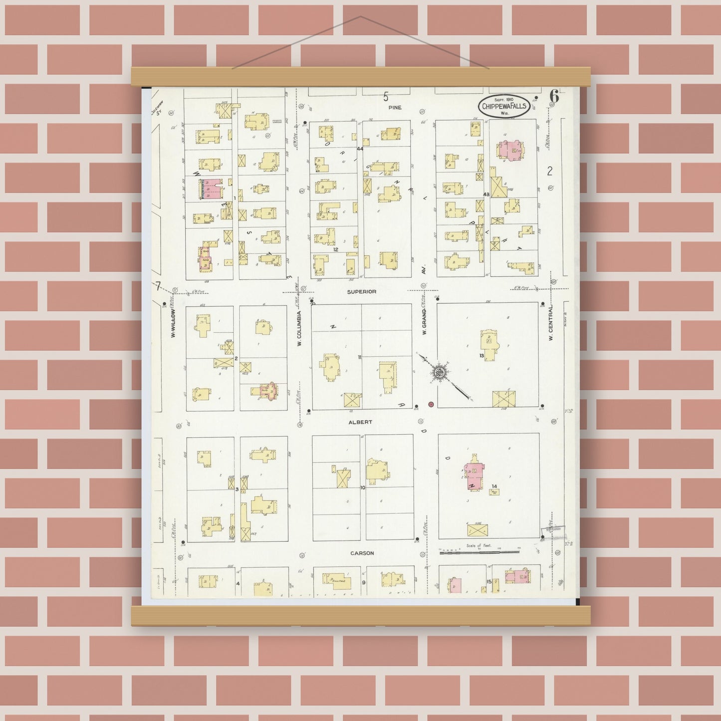 Old map wall art mockup — magnetic wood frame on brick wall — Sanborn Fire Insurance Map from Chippewa Falls, Chippewa County, Wisconsin (1910), Sheet #0006