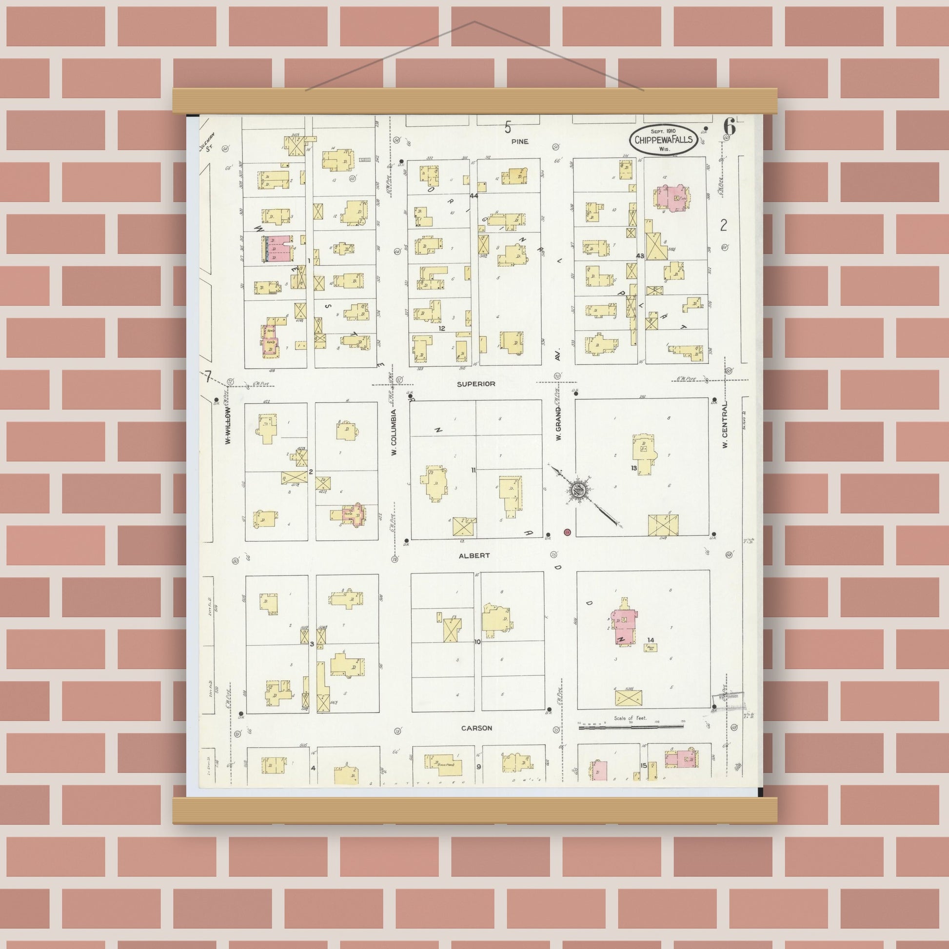 Old map wall art mockup — magnetic wood frame on brick wall — Sanborn Fire Insurance Map from Chippewa Falls, Chippewa County, Wisconsin (1910), Sheet #0006