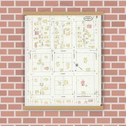 Old map wall art mockup — magnetic wood frame on brick wall — Sanborn Fire Insurance Map from Chippewa Falls, Chippewa County, Wisconsin (1910), Sheet #0006