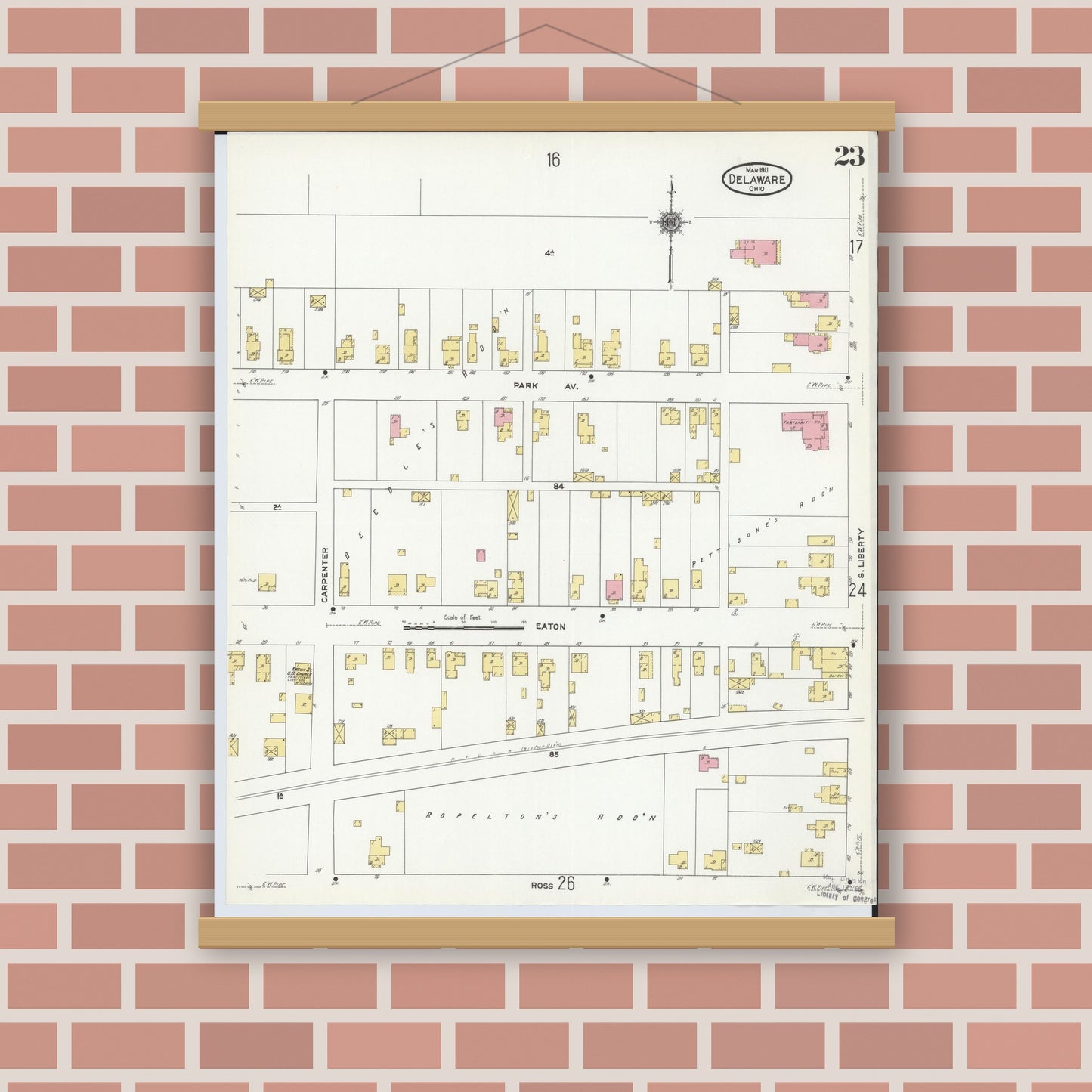 Old map wall art mockup — magnetic wood frame on brick wall — Sanborn Fire Insurance Map from Delaware, Delaware County, Ohio (1911), Sheet #0023