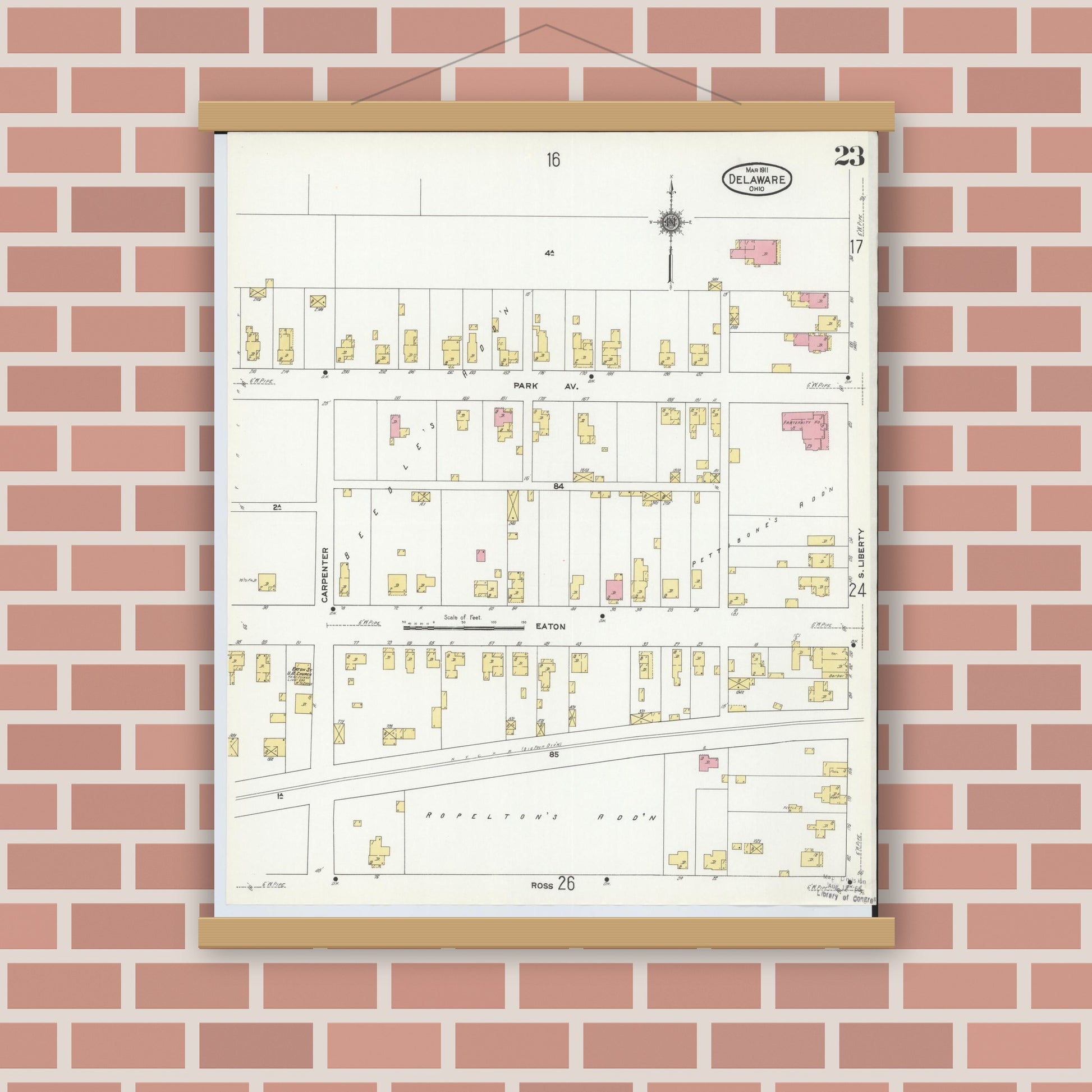 Old map wall art mockup — magnetic wood frame on brick wall — Sanborn Fire Insurance Map from Delaware, Delaware County, Ohio (1911), Sheet #0023