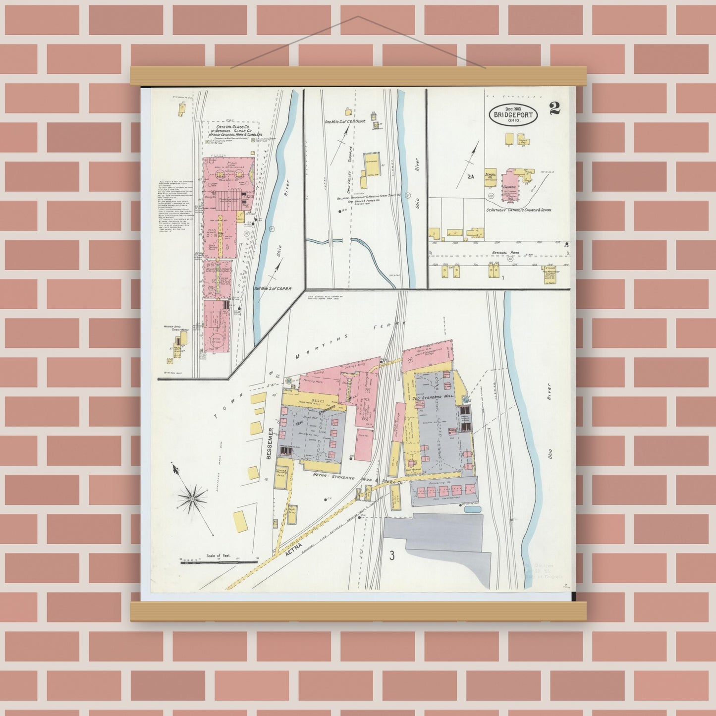 Old map wall art mockup — magnetic wood frame on brick wall — Sanborn Fire Insurance Map from Bridgeport, Belmont County, Ohio (1903), Sheet #0002