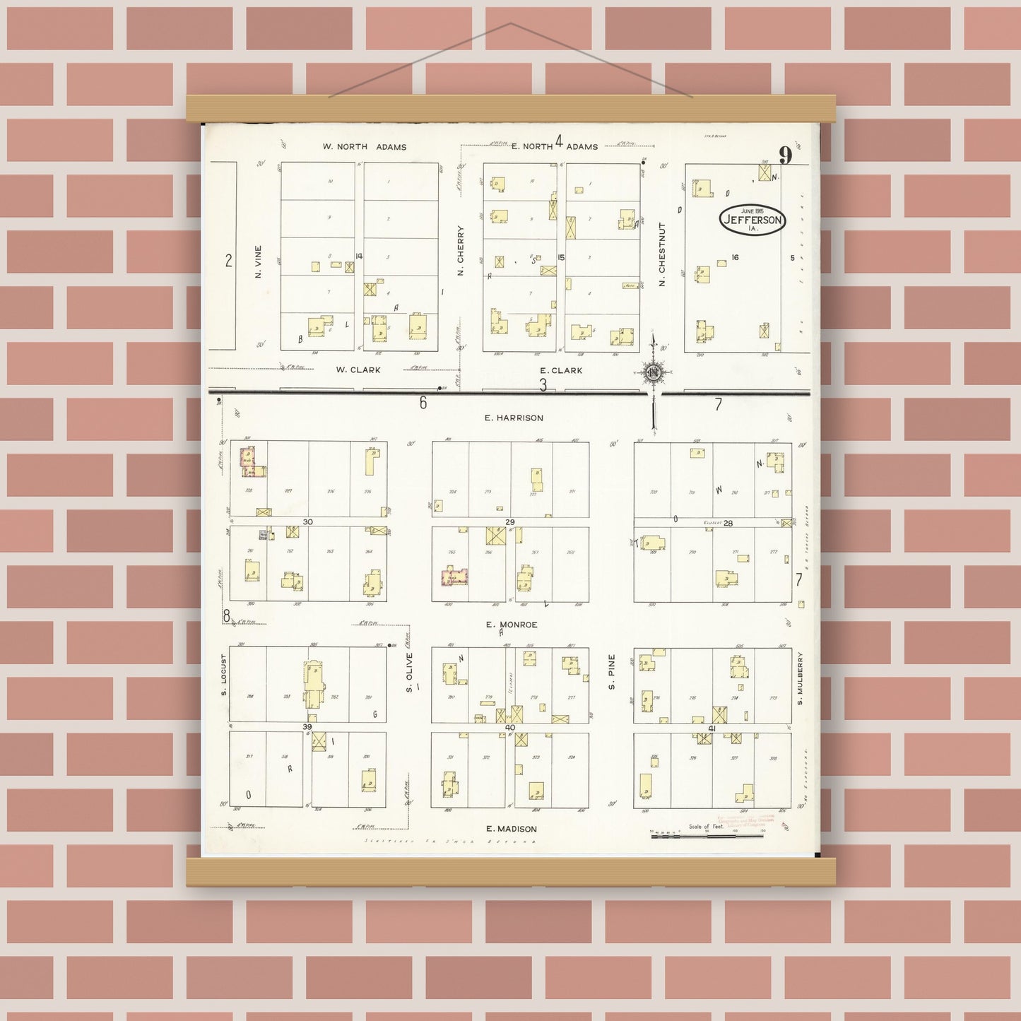 Old map wall art mockup — magnetic wood frame on brick wall — Sanborn Fire Insurance Map from Jefferson, Greene County, Iowa (1915), Sheet #0009
