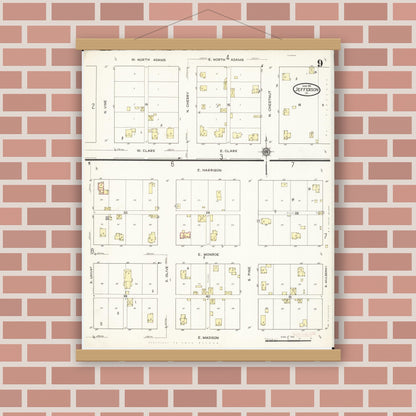 Old map wall art mockup — magnetic wood frame on brick wall — Sanborn Fire Insurance Map from Jefferson, Greene County, Iowa (1915), Sheet #0009