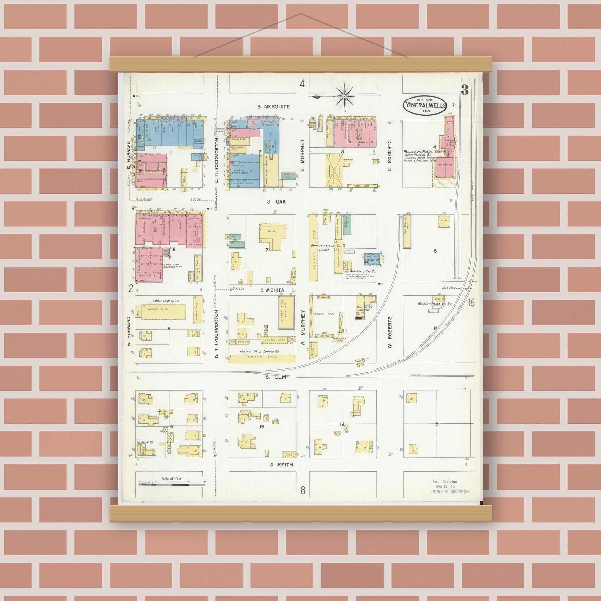 Old map wall art mockup — magnetic wood frame on brick wall — Sanborn Fire Insurance Map from Mineral Wells, Palo Pinto County, Texas (1907), Sheet #0003