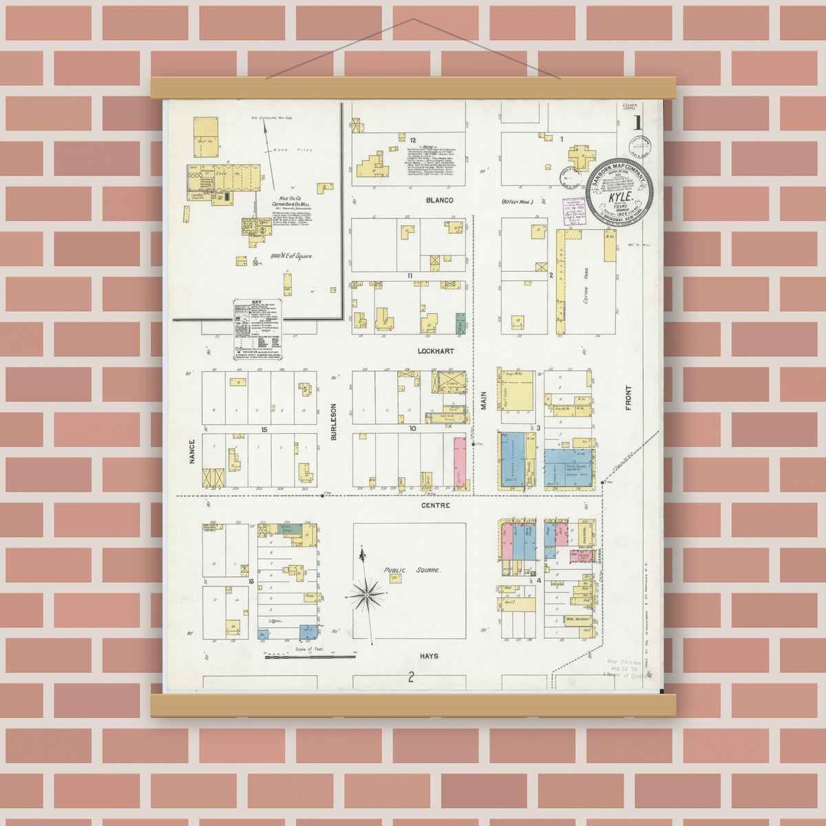 Old map wall art mockup — magnetic wood frame on brick wall — Sanborn Fire Insurance Map from Kyle, Hays County, Texas (1902) - Complete Map Set