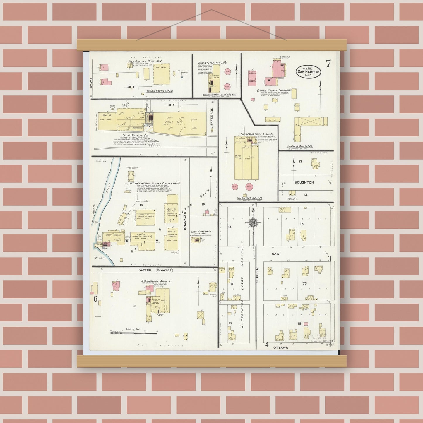 Old map wall art mockup — magnetic wood frame on brick wall — Sanborn Fire Insurance Map from Oak Harbor, Ottawa County, Ohio (1910), Sheet #0007