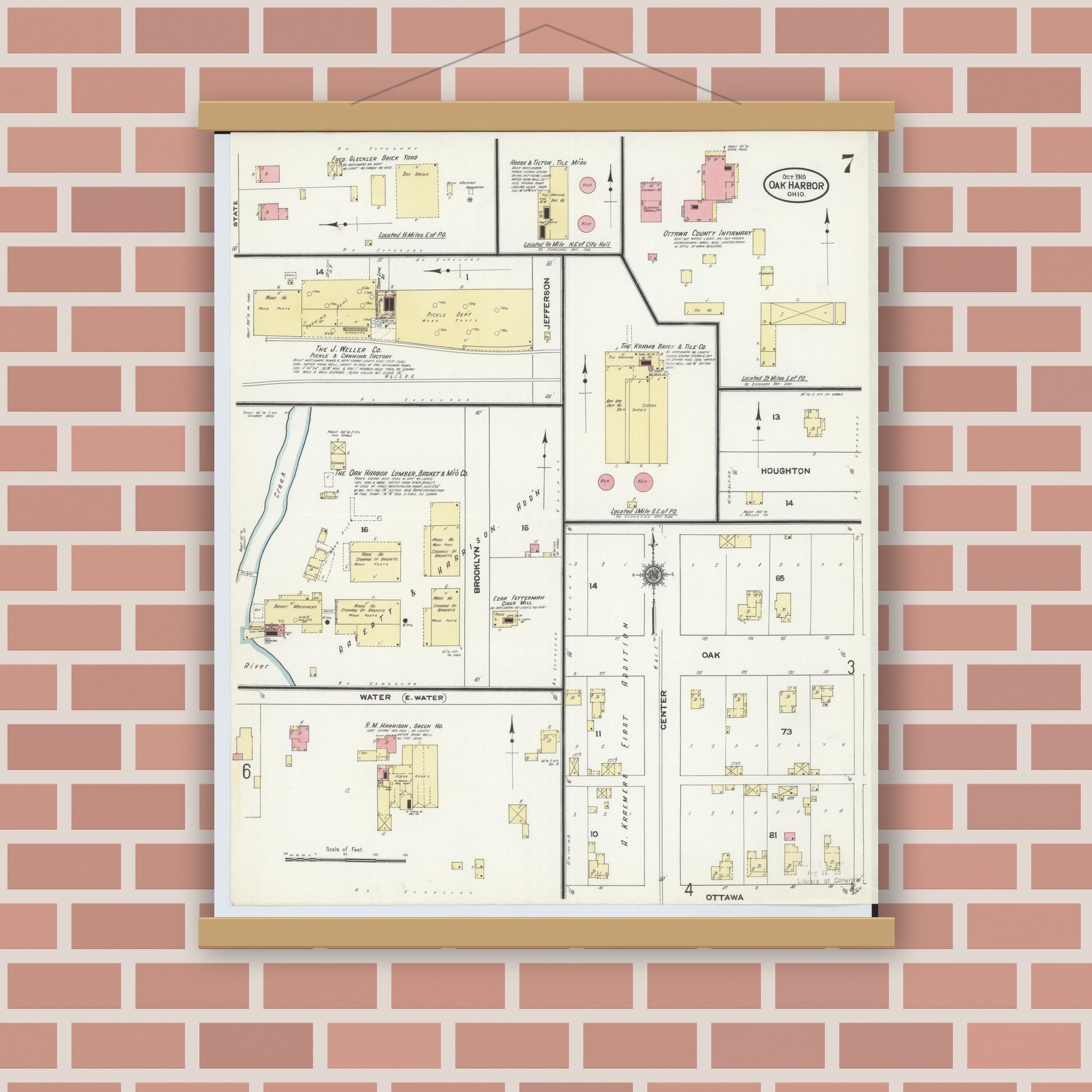 Old map wall art mockup — magnetic wood frame on brick wall — Sanborn Fire Insurance Map from Oak Harbor, Ottawa County, Ohio (1910), Sheet #0007