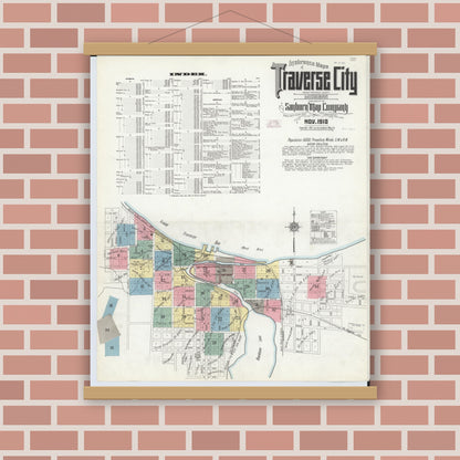 Old map wall art mockup — magnetic wood frame on brick wall — Sanborn Fire Insurance Map from Traverse City, Grand Traverse County, Michigan (1910) - Complete Map Set