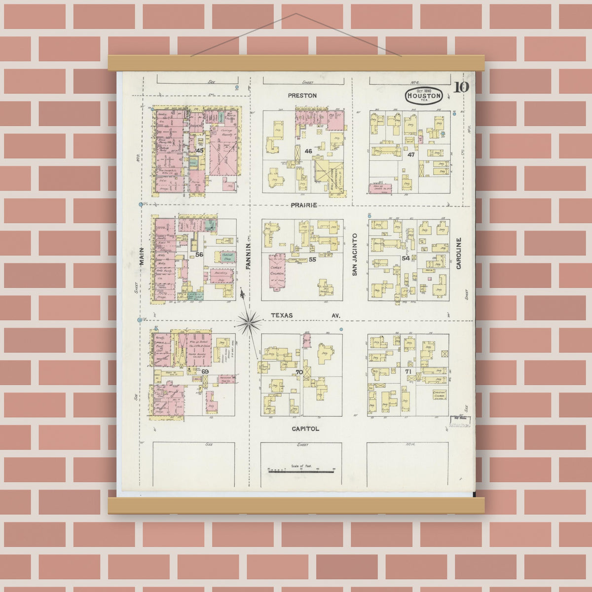 Old map wall art mockup — magnetic wood frame on brick wall — Sanborn Fire Insurance Map from Houston, Harris County, Texas (1890), Sheet #0010
