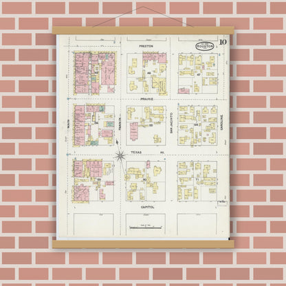 Old map wall art mockup — magnetic wood frame on brick wall — Sanborn Fire Insurance Map from Houston, Harris County, Texas (1890), Sheet #0010
