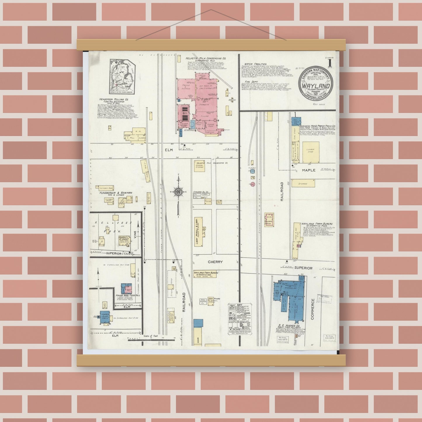 Old map wall art mockup — magnetic wood frame on brick wall — Sanborn Fire Insurance Map from Wayland, Allegan County, Michigan (1921), Sheet #0001