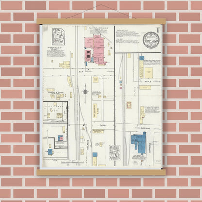 Old map wall art mockup — magnetic wood frame on brick wall — Sanborn Fire Insurance Map from Wayland, Allegan County, Michigan (1921), Sheet #0001