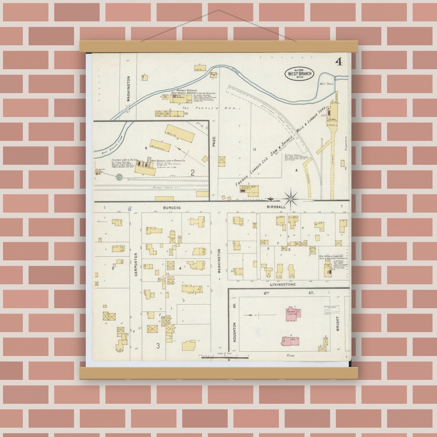Old map wall art mockup — magnetic wood frame on brick wall — Sanborn Fire Insurance Map from West Branch, Ogemaw County, Michigan (1898), Sheet #0004