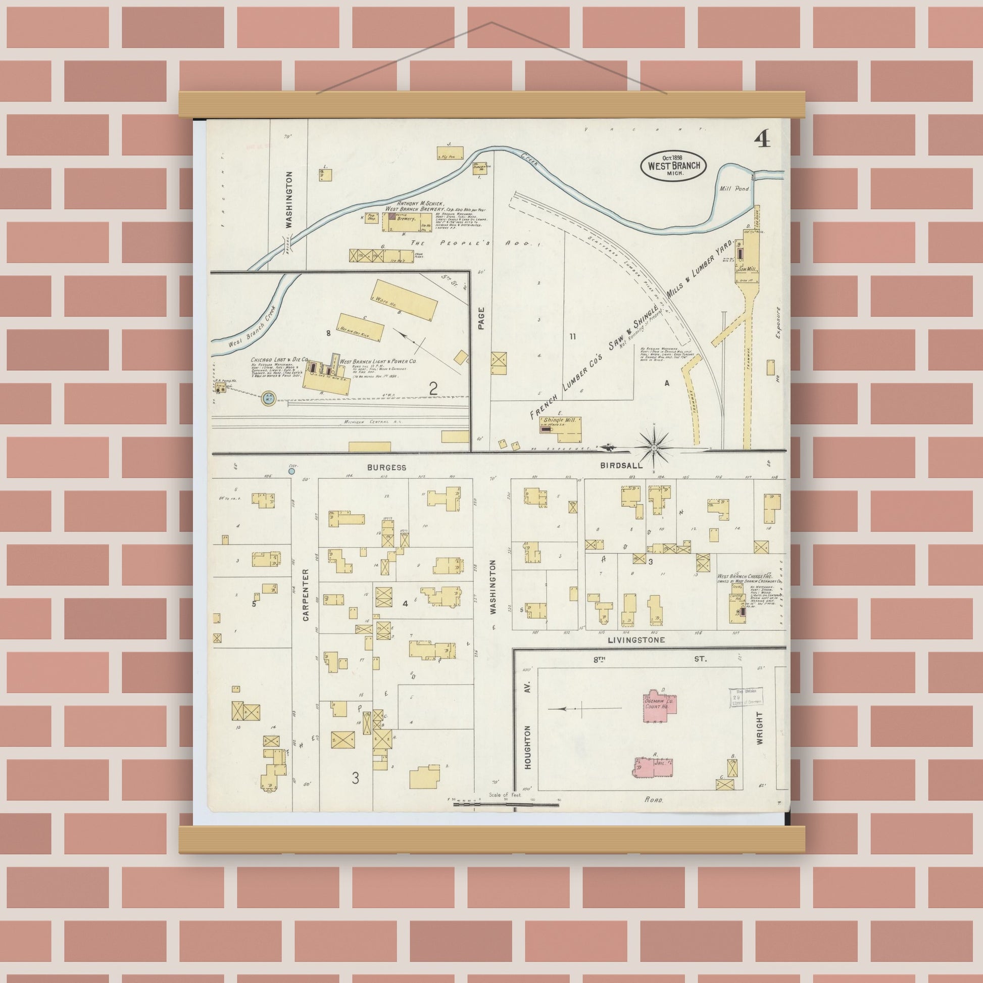 Old map wall art mockup — magnetic wood frame on brick wall — Sanborn Fire Insurance Map from West Branch, Ogemaw County, Michigan (1898), Sheet #0004