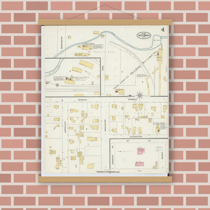 Old map wall art mockup — magnetic wood frame on brick wall — Sanborn Fire Insurance Map from West Branch, Ogemaw County, Michigan (1898), Sheet #0004