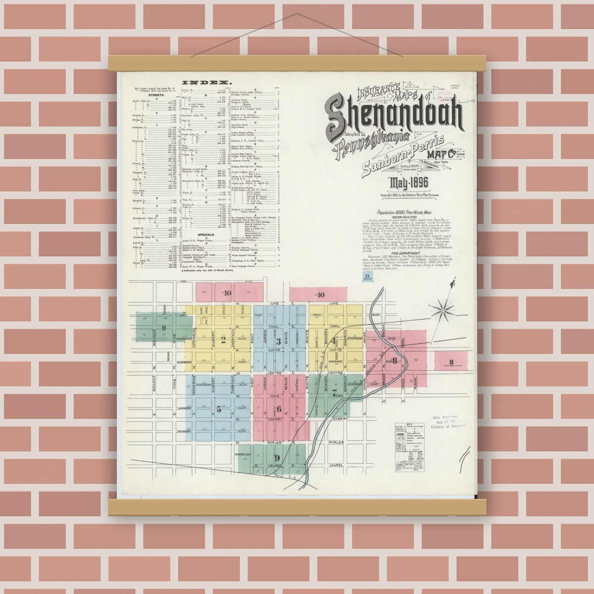 Old map wall art mockup — magnetic wood frame on brick wall — Sanborn Fire Insurance Map from Shenandoah, Schuylkill County, Pennsylvania (1896), Sheet #0001