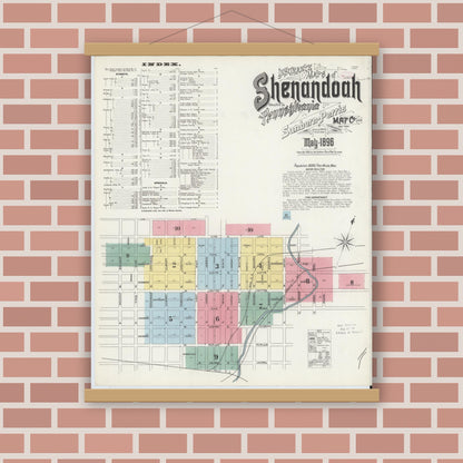 Old map wall art mockup — magnetic wood frame on brick wall — Sanborn Fire Insurance Map from Shenandoah, Schuylkill County, Pennsylvania (1896), Sheet #0001