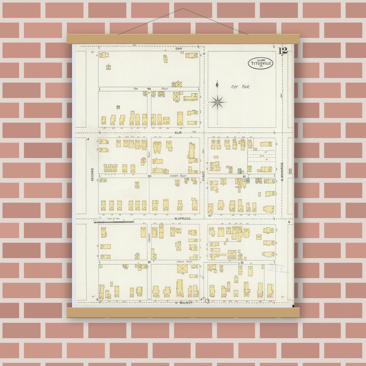 Old map wall art mockup — magnetic wood frame on brick wall — Sanborn Fire Insurance Map from Titusville, Crawford County, Pennsylvania (1898), Sheet #0012