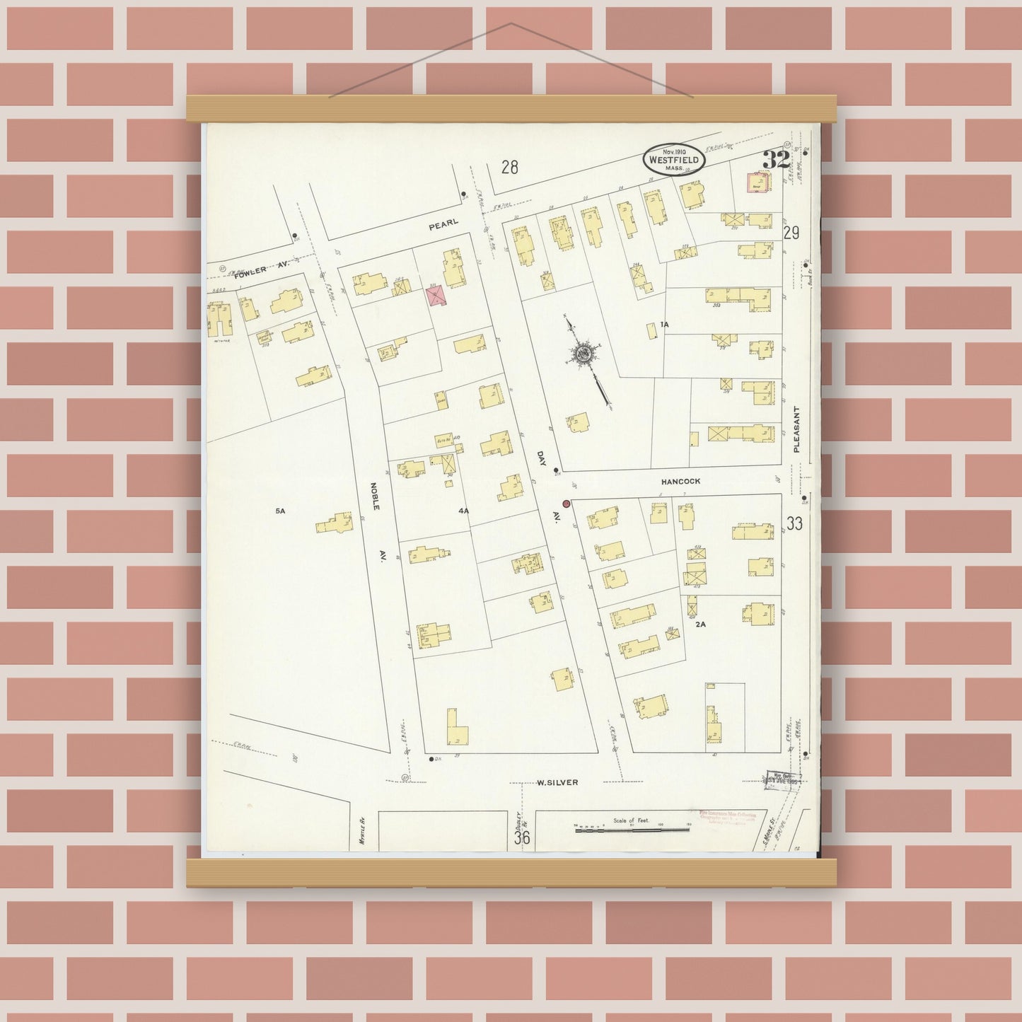 Old map wall art mockup — magnetic wood frame on brick wall — Sanborn Fire Insurance Map from Westfield, Hampden County, Massachusetts (1910), Sheet #0032