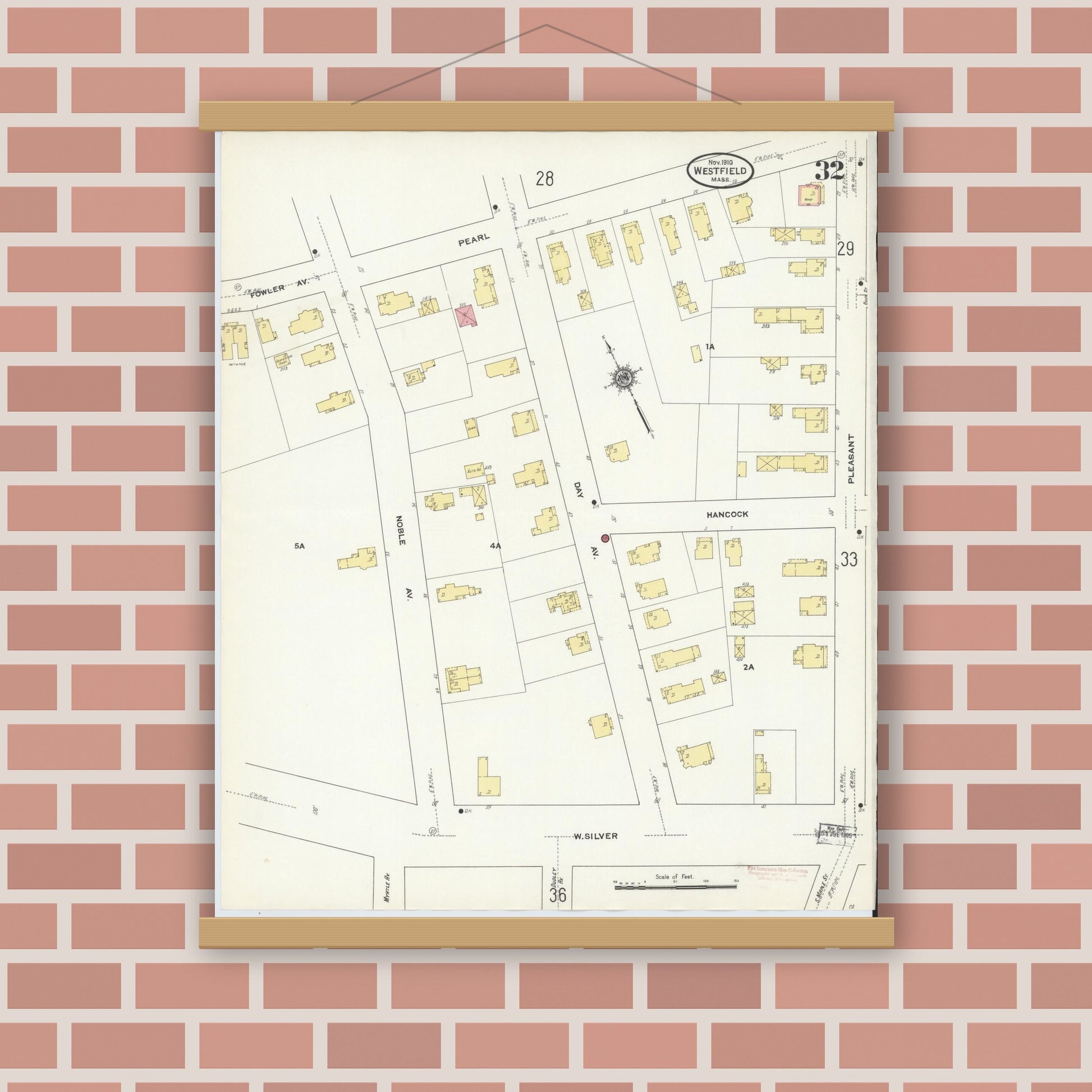 Old map wall art mockup — magnetic wood frame on brick wall — Sanborn Fire Insurance Map from Westfield, Hampden County, Massachusetts (1910), Sheet #0032