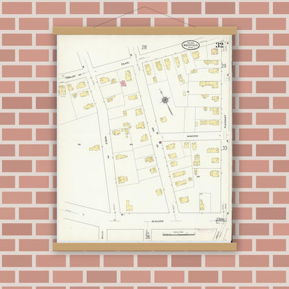 Old map wall art mockup — magnetic wood frame on brick wall — Sanborn Fire Insurance Map from Westfield, Hampden County, Massachusetts (1910), Sheet #0032
