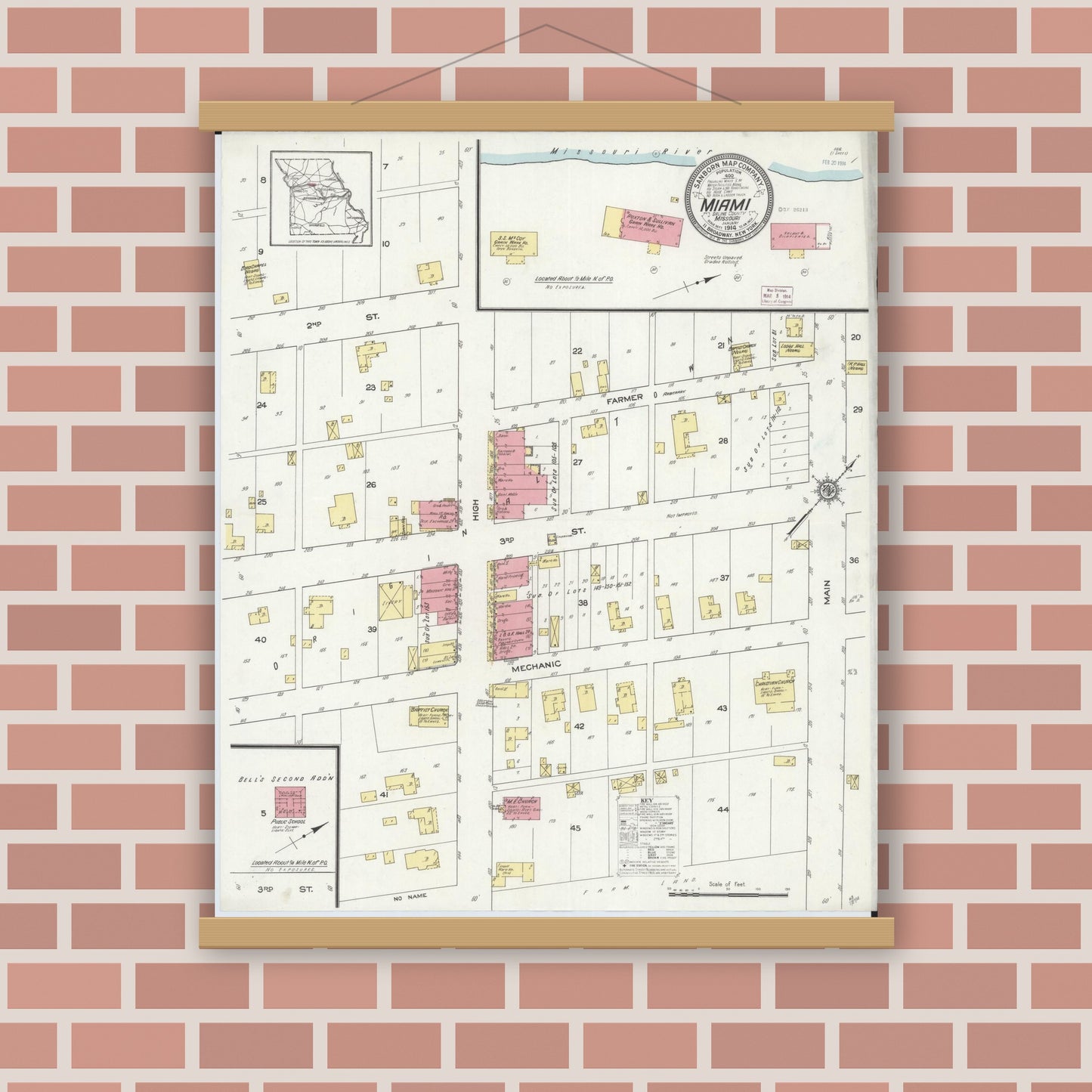 Old map wall art mockup — magnetic wood frame on brick wall — Sanborn Fire Insurance Map from Miami, Saline County, Missouri (1914), Sheet #0001