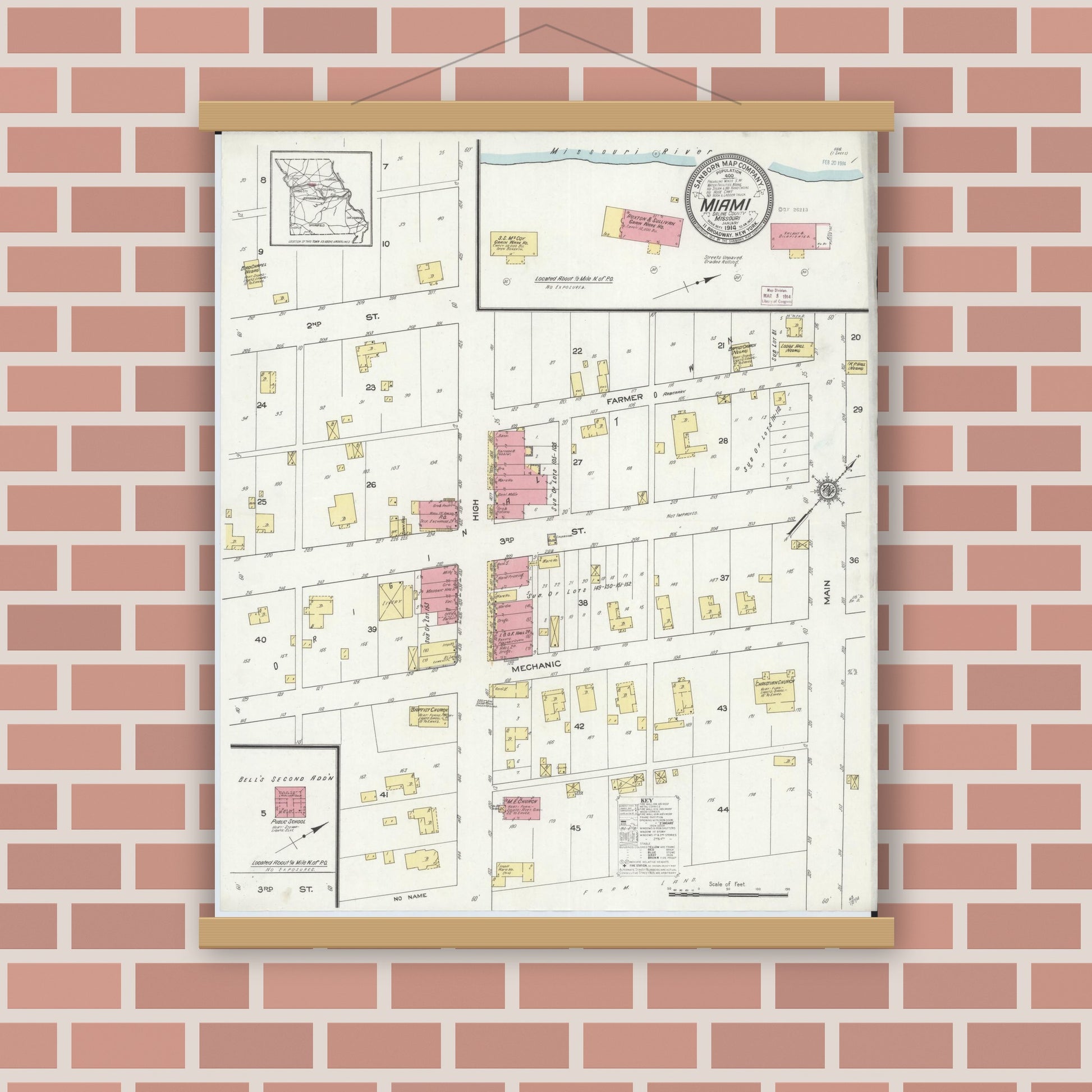 Old map wall art mockup — magnetic wood frame on brick wall — Sanborn Fire Insurance Map from Miami, Saline County, Missouri (1914), Sheet #0001