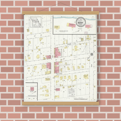 Old map wall art mockup — magnetic wood frame on brick wall — Sanborn Fire Insurance Map from Miami, Saline County, Missouri (1914), Sheet #0001