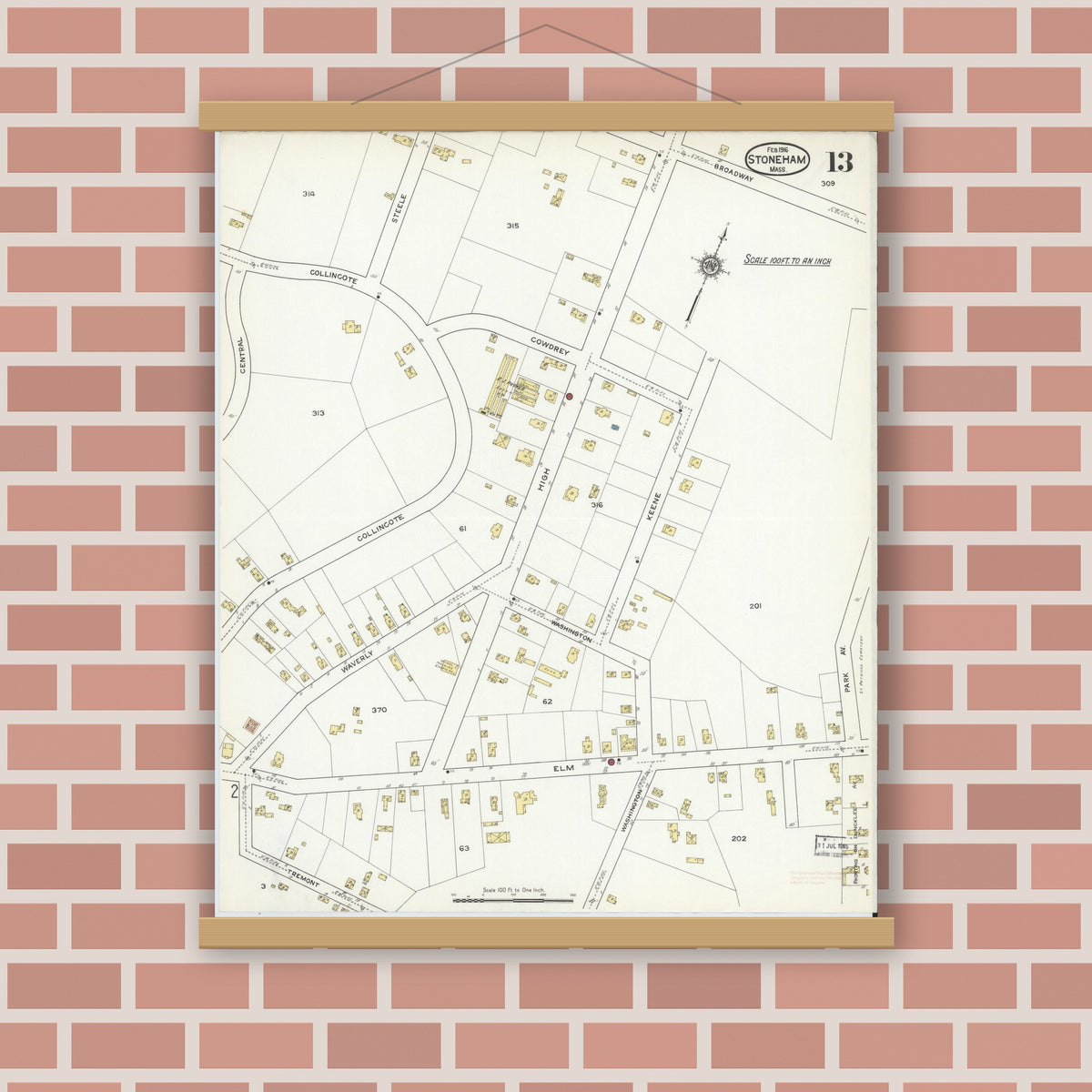 Old map wall art mockup — magnetic wood frame on brick wall — Sanborn Fire Insurance Map from Stoneham, Middlesex County, Massachusetts (1916), Sheet #0013