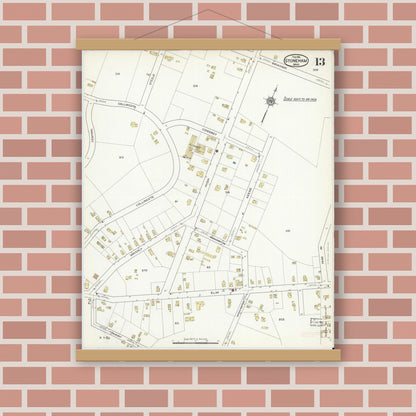 Old map wall art mockup — magnetic wood frame on brick wall — Sanborn Fire Insurance Map from Stoneham, Middlesex County, Massachusetts (1916), Sheet #0013