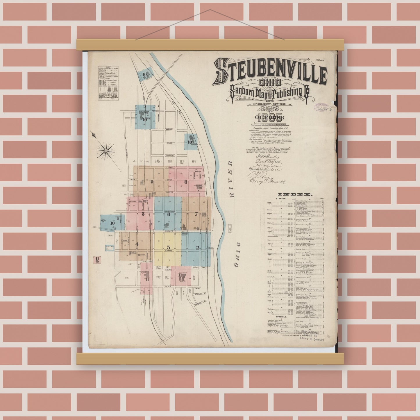 Old map wall art mockup — magnetic wood frame on brick wall — Sanborn Fire Insurance Map from Steubenville, Jefferson County, Ohio (1885), Sheet #0001