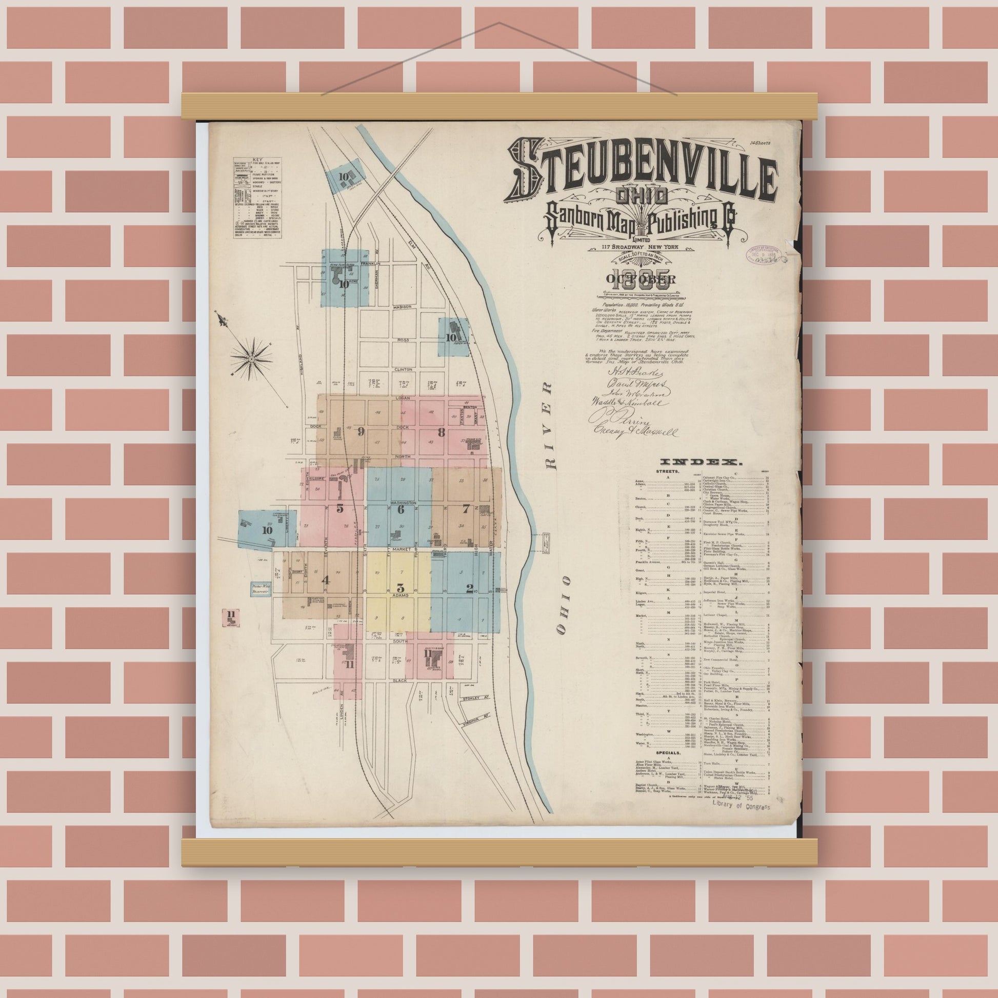 Old map wall art mockup — magnetic wood frame on brick wall — Sanborn Fire Insurance Map from Steubenville, Jefferson County, Ohio (1885), Sheet #0001